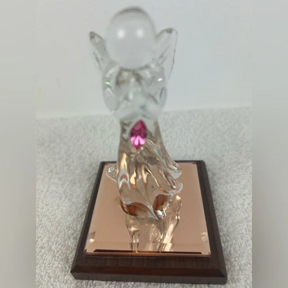Dacra Glass Company Crystal Angel Figurine with October Stone on Wood Base